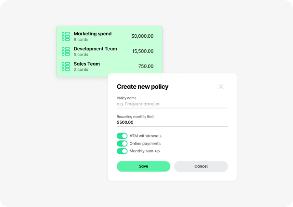 Image of how you can define spend policies and approval flows in Payhawk's expense management software